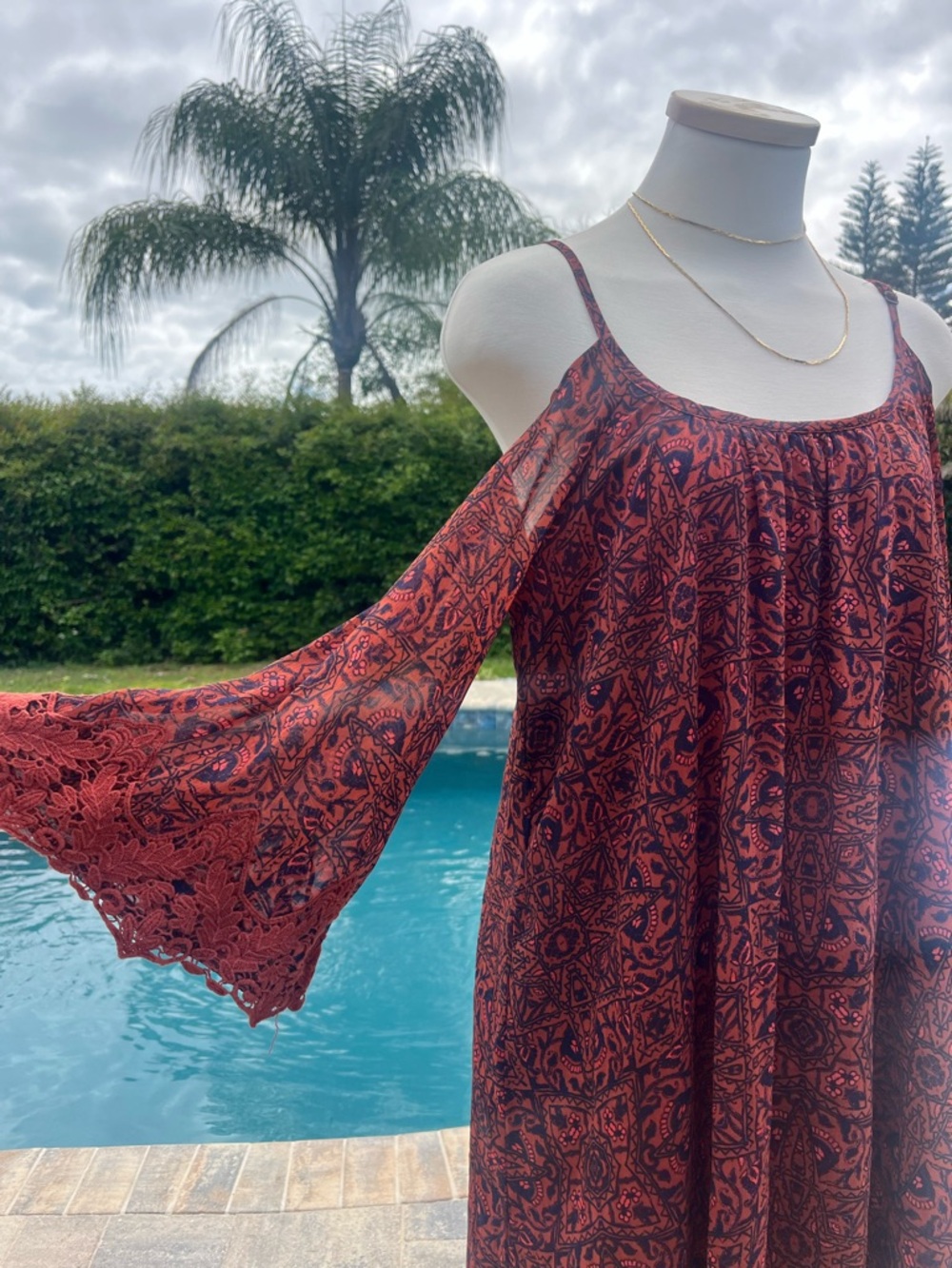 Boho Open-Shoulder Tunic Dress in Rust size Medium